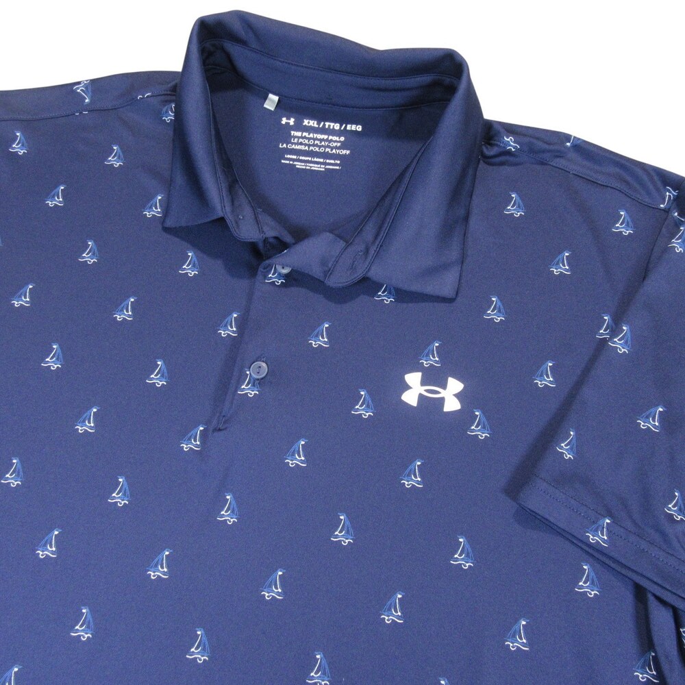 Under Armour Mens Polo Shirt Playoff Polo 2XL Loose Navy Blue Allover Sailboat